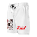 Oni Mask Ronin Board Shorts: white board shorts with red oni masks, RONIN crest and $RONIN