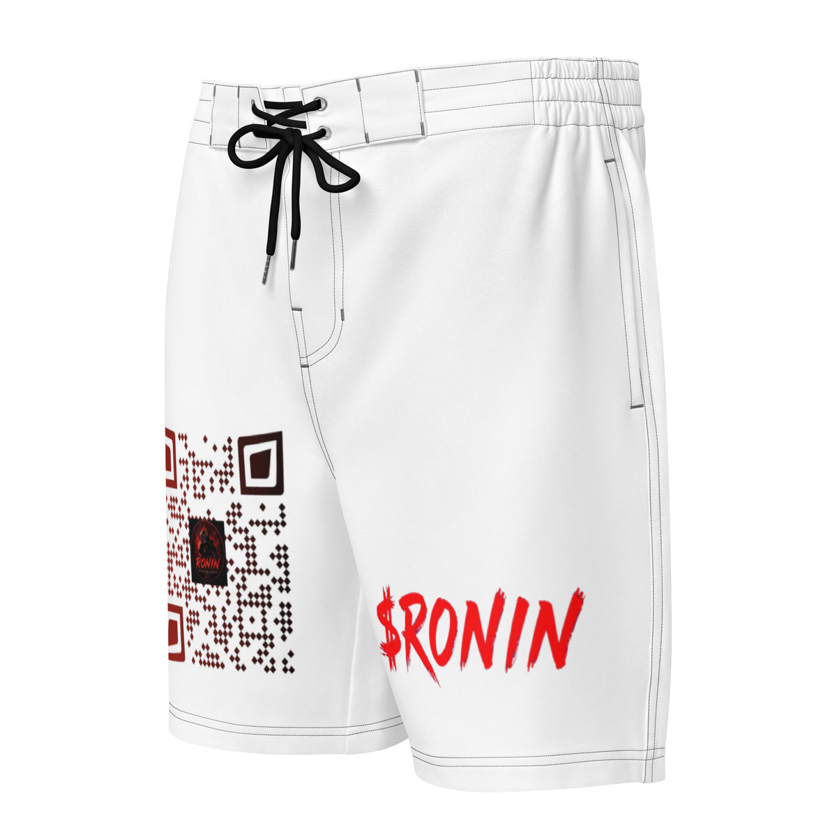 Oni Mask Ronin Board Shorts: white board shorts with red oni masks, RONIN crest and $RONIN