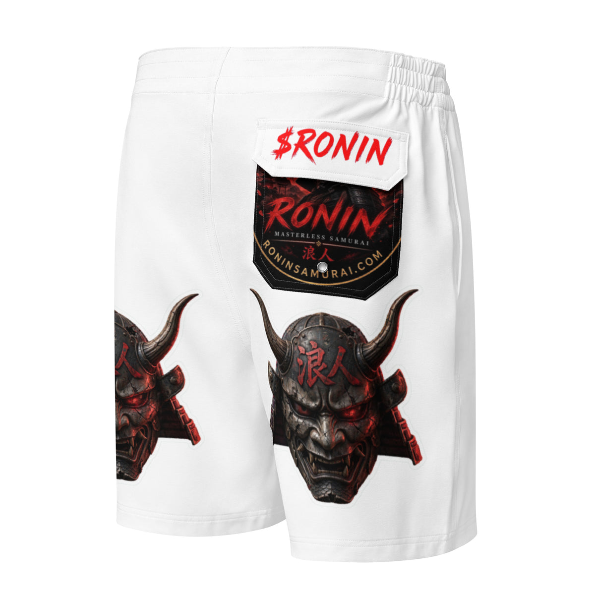 Oni Mask Ronin Board Shorts: white board shorts with red oni masks, RONIN crest and $RONIN