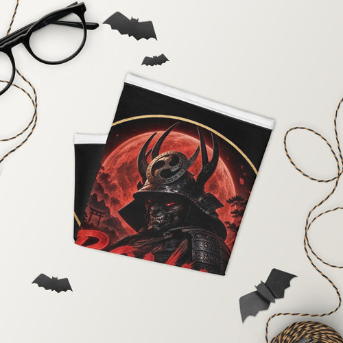 Blood Moon Ronin Neck Gaiter: neck gaiter with a horned samurai before a blood-red moon
