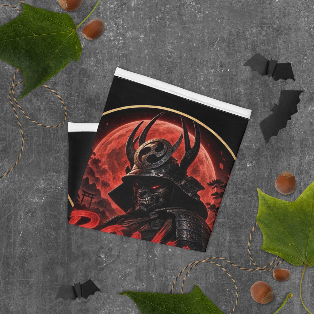 Blood Moon Ronin Neck Gaiter: neck gaiter with a horned samurai before a blood-red moon