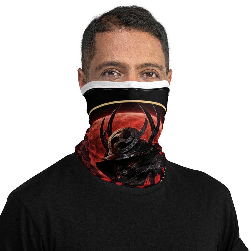 Blood Moon Ronin Neck Gaiter: neck gaiter with a horned samurai before a blood-red moon