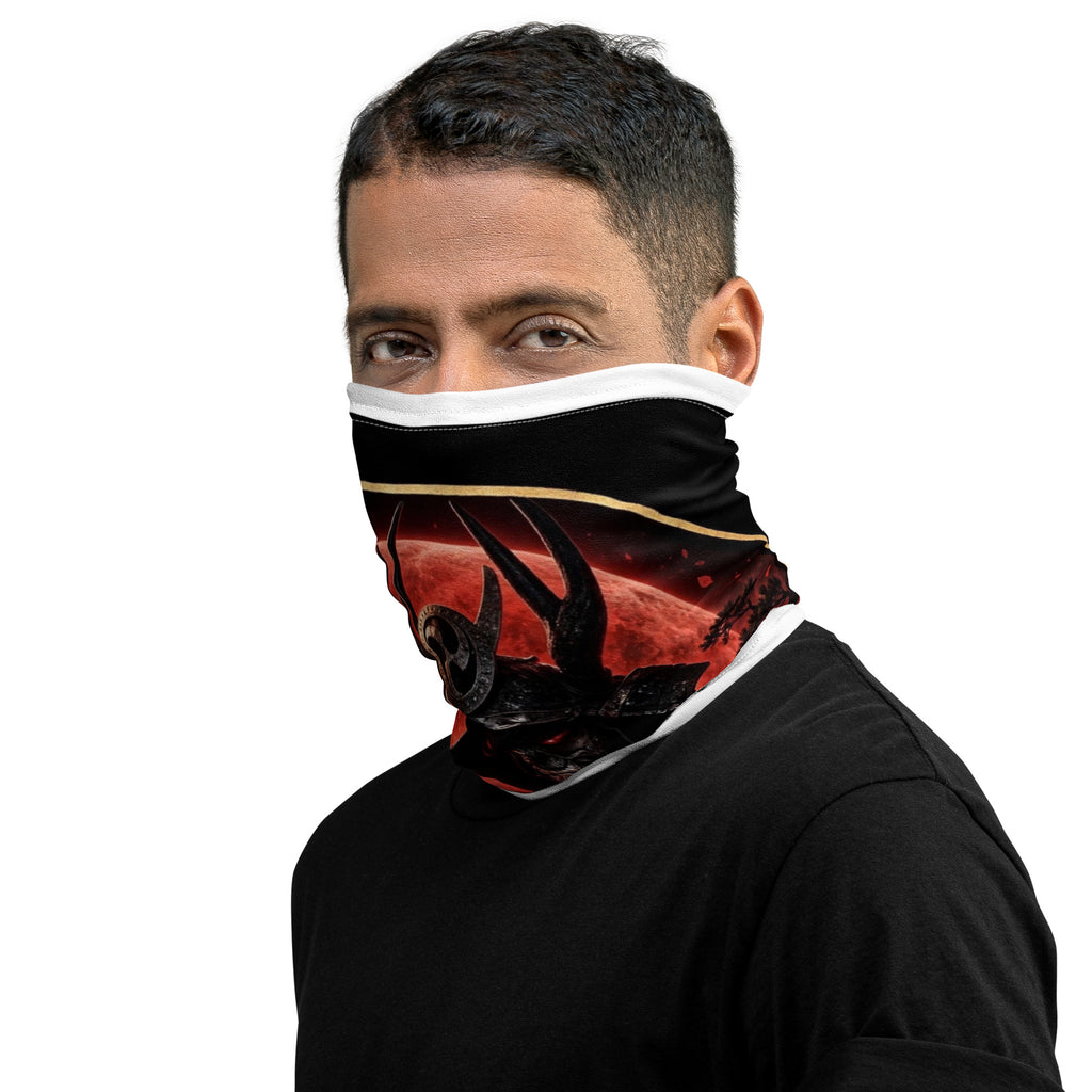 Blood Moon Ronin Neck Gaiter: neck gaiter with a horned samurai before a blood-red moon
