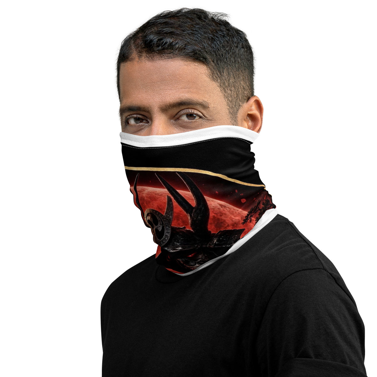 Blood Moon Ronin Neck Gaiter: neck gaiter with a horned samurai before a blood-red moon