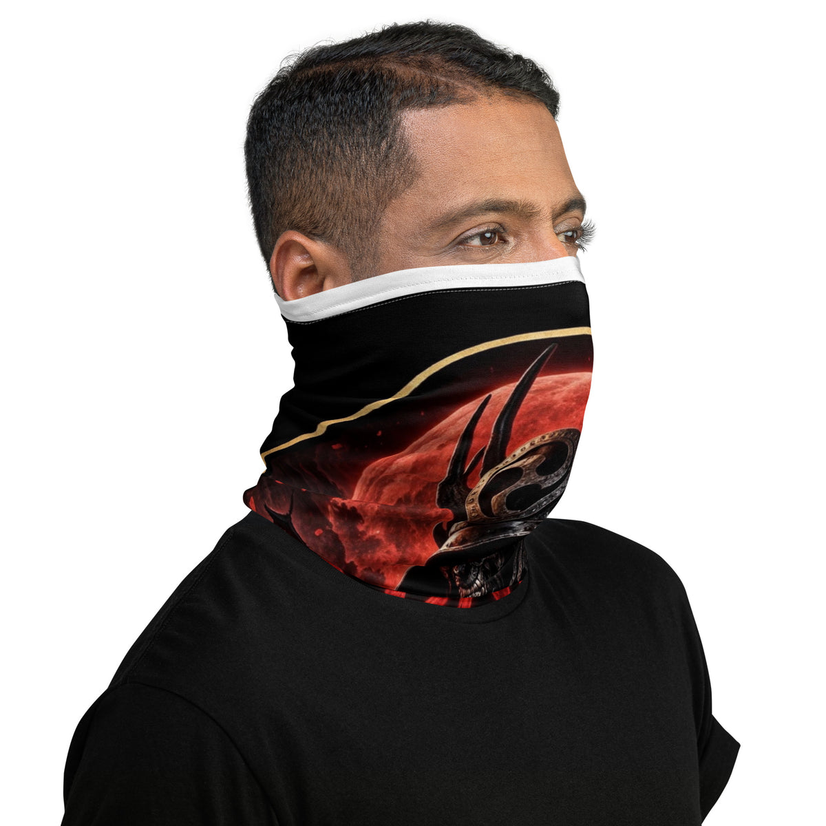 Blood Moon Ronin Neck Gaiter: neck gaiter with a horned samurai before a blood-red moon