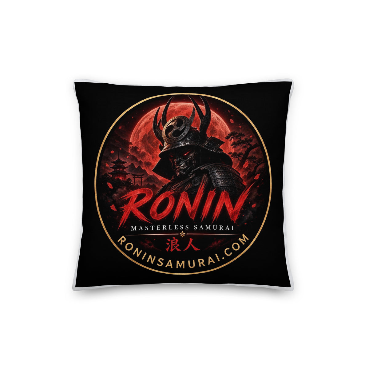 Ronin Crest Premium Pillow: black pillow with the RONIN blood-moon samurai crest