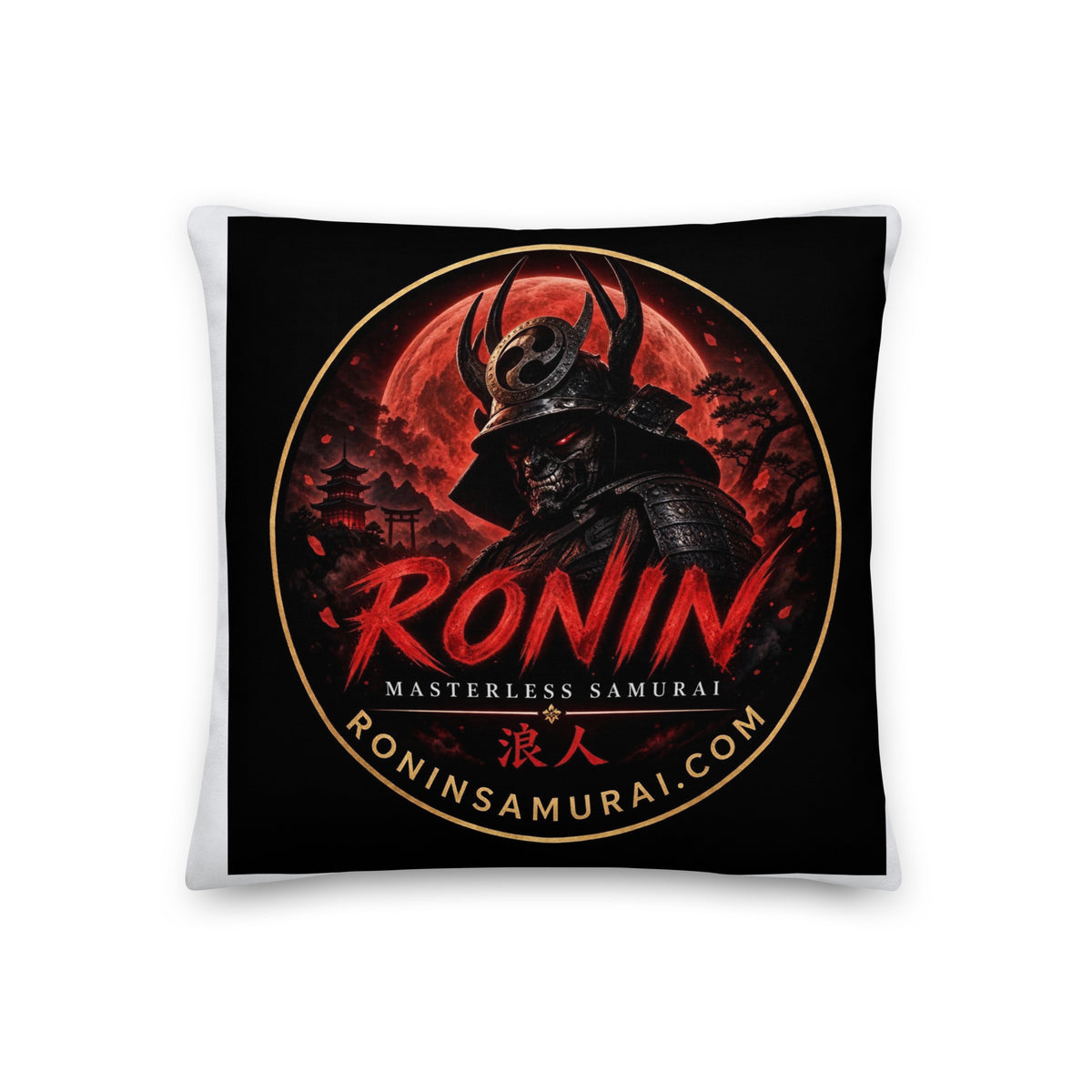 Ronin Crest Premium Pillow: black pillow with the RONIN blood-moon samurai crest
