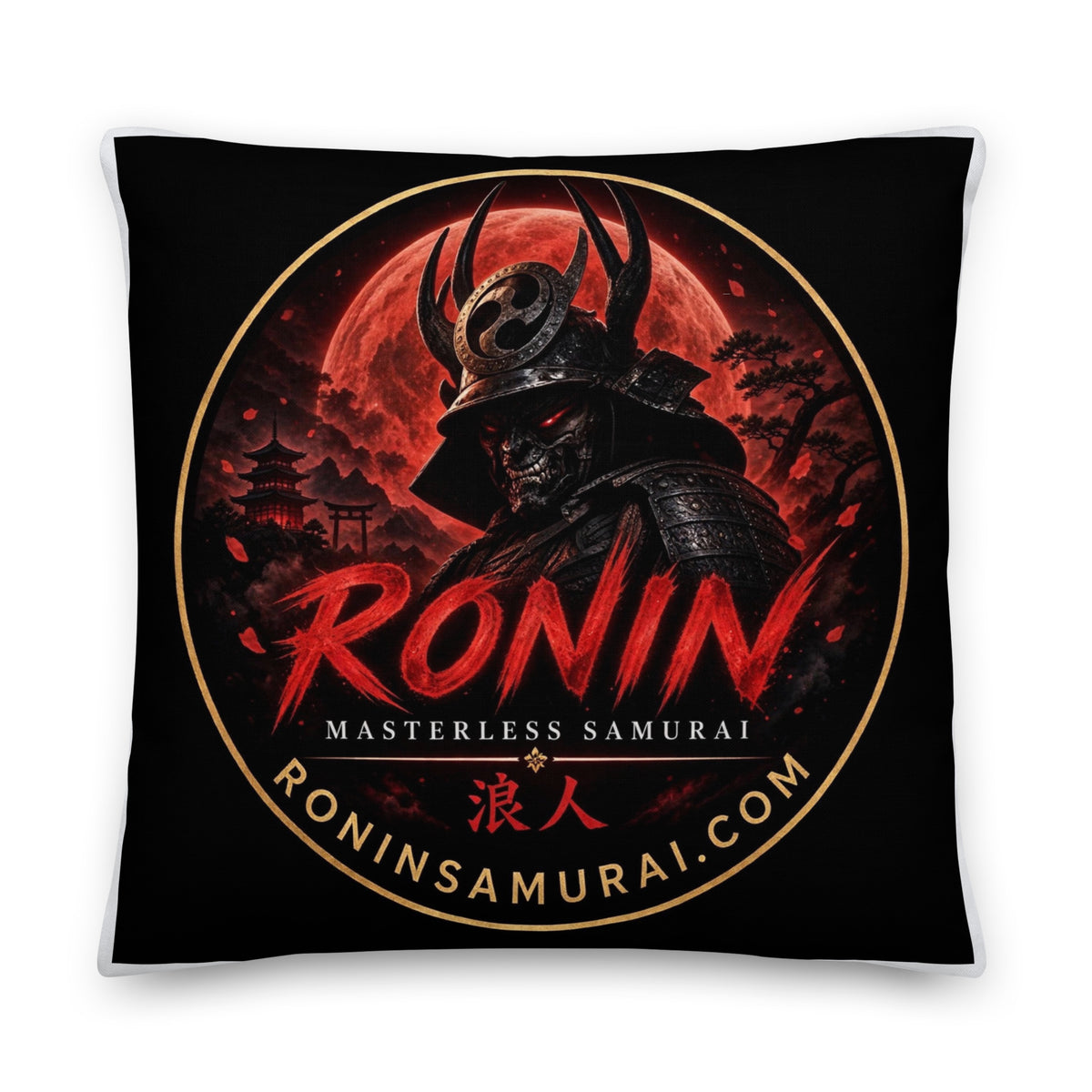 Ronin Crest Premium Pillow: black pillow with the RONIN blood-moon samurai crest