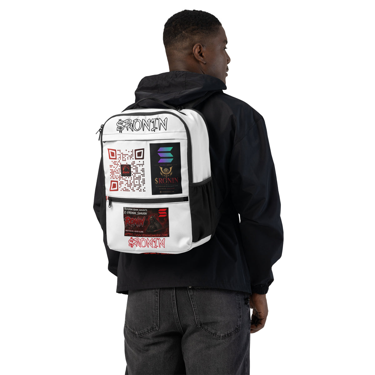 Ronin Clan Utility Backpack: white backpack with $RONIN script, QR code, Solana crest panel and RONIN banner panel