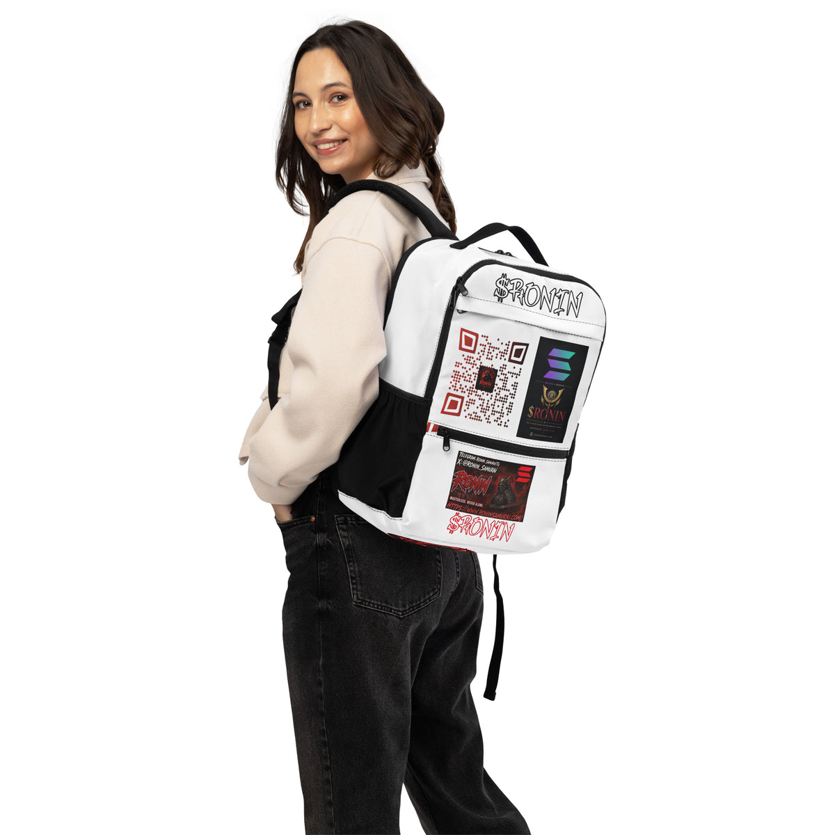 Ronin Clan Utility Backpack: white backpack with $RONIN script, QR code, Solana crest panel and RONIN banner panel