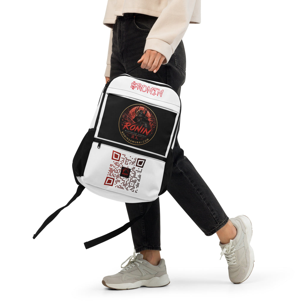 Ronin Crest Utility Backpack: white backpack with $RONIN script, RONIN crest panel and QR code