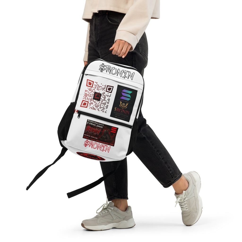Ronin Clan Utility Backpack: white backpack with $RONIN script, QR code, Solana crest panel and RONIN banner panel