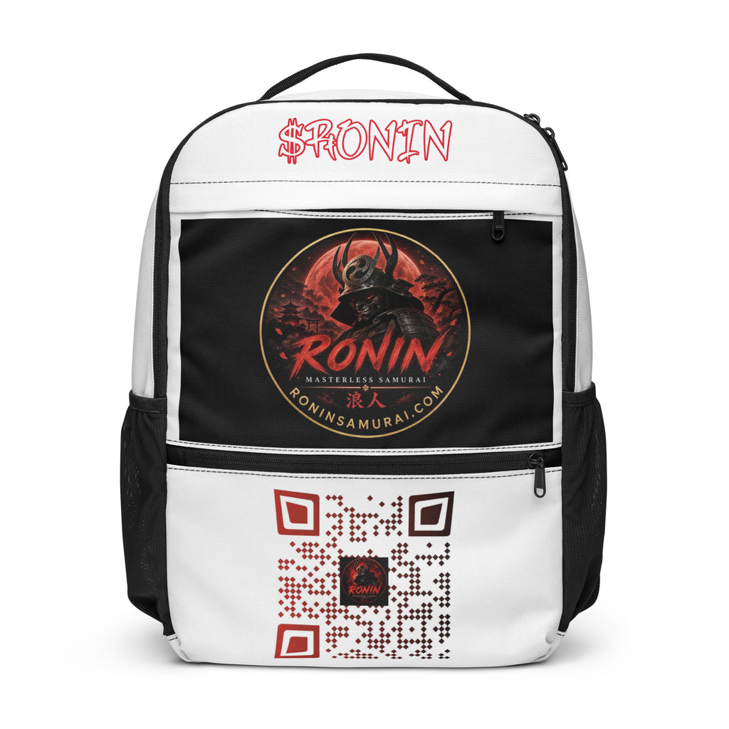 Ronin Crest Utility Backpack: white backpack with $RONIN script, RONIN crest panel and QR code