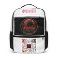 Ronin Crest Utility Backpack: white backpack with $RONIN script, RONIN crest panel and QR code