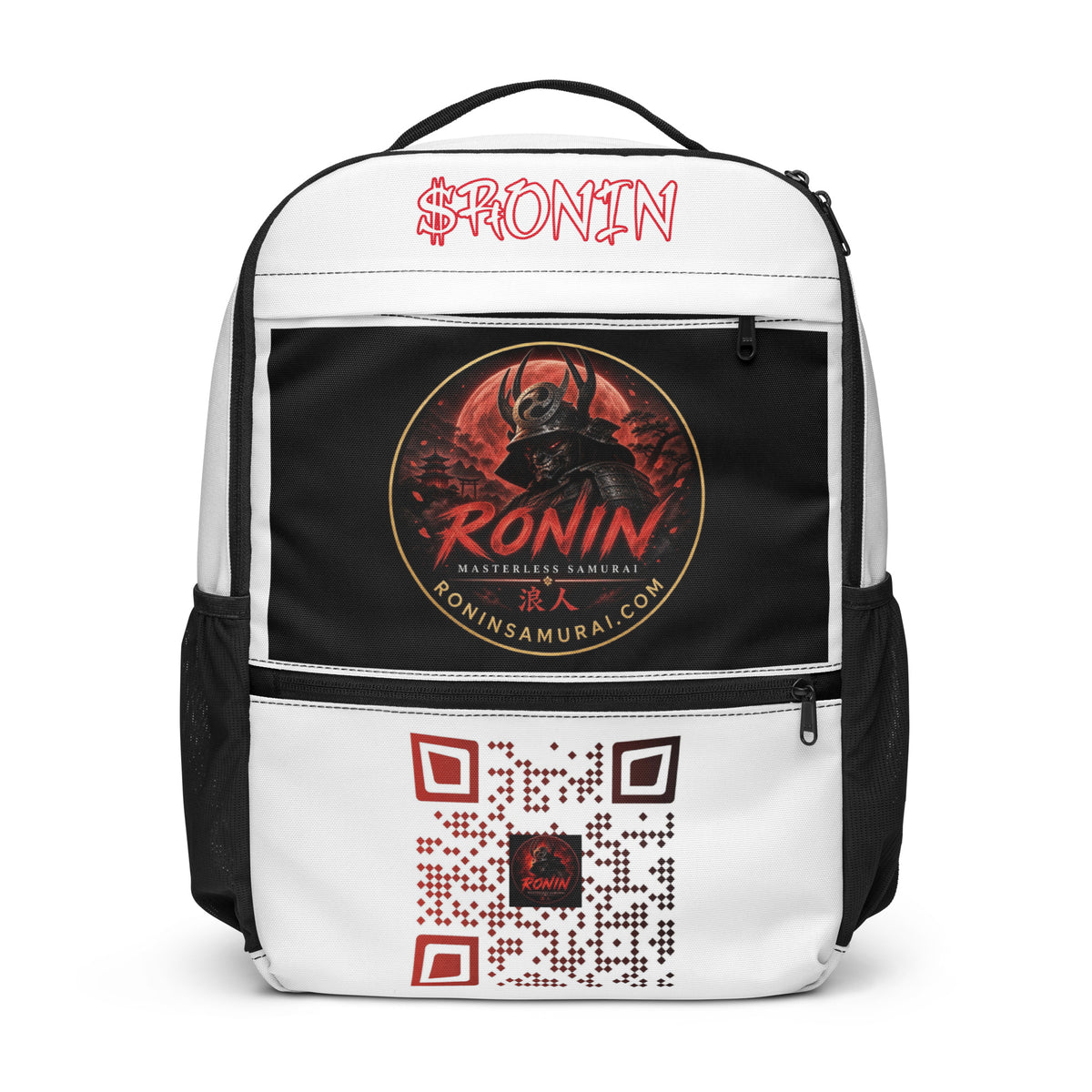 Ronin Crest Utility Backpack: white backpack with $RONIN script, RONIN crest panel and QR code