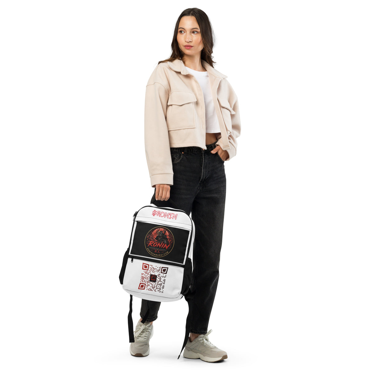 Ronin Crest Utility Backpack: white backpack with $RONIN script, RONIN crest panel and QR code