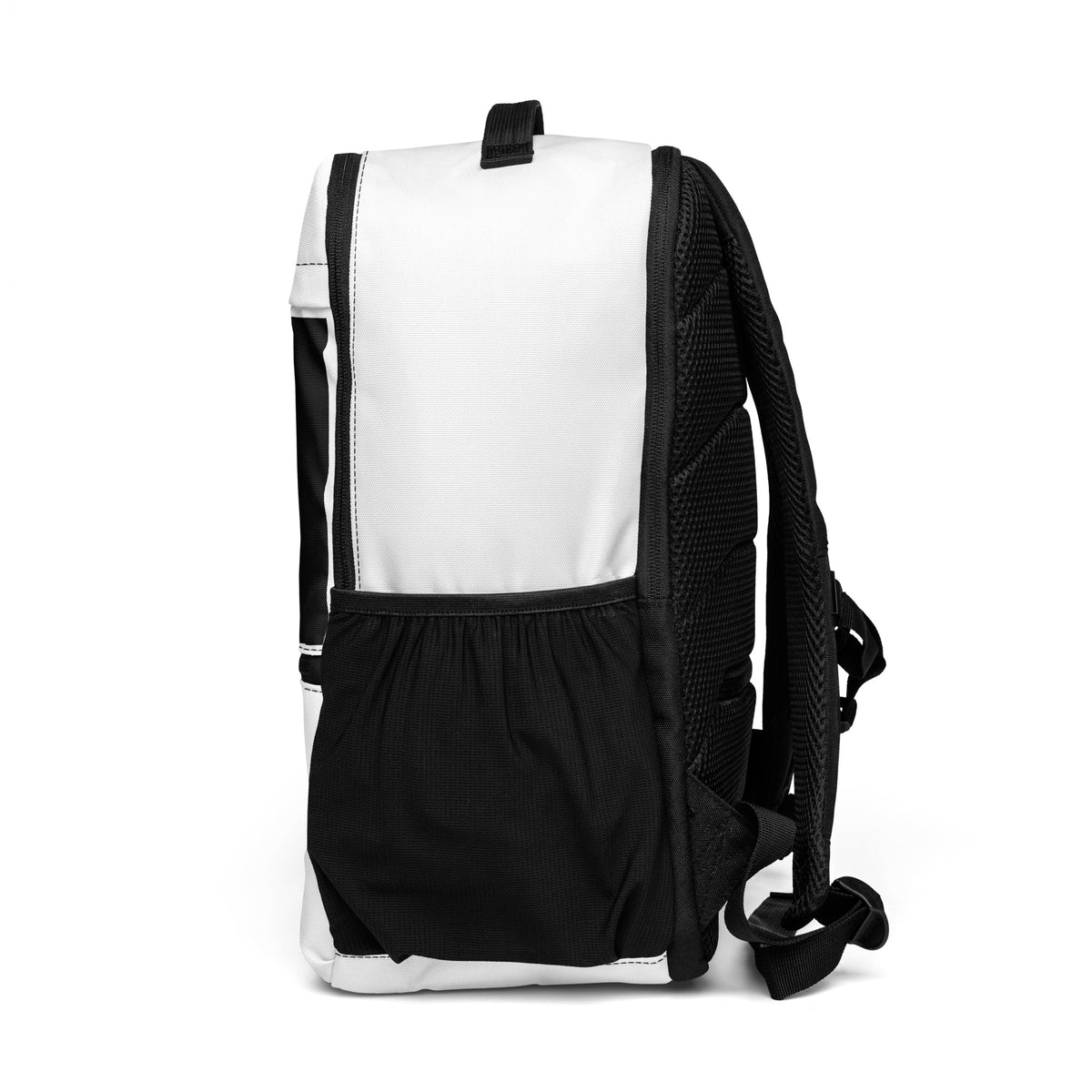 Ronin Crest Utility Backpack: white backpack with $RONIN script, RONIN crest panel and QR code