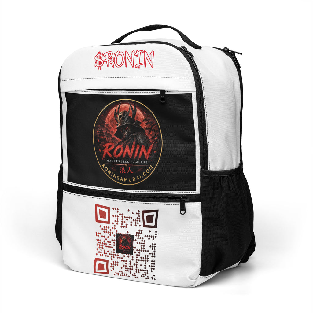 Ronin Crest Utility Backpack: white backpack with $RONIN script, RONIN crest panel and QR code