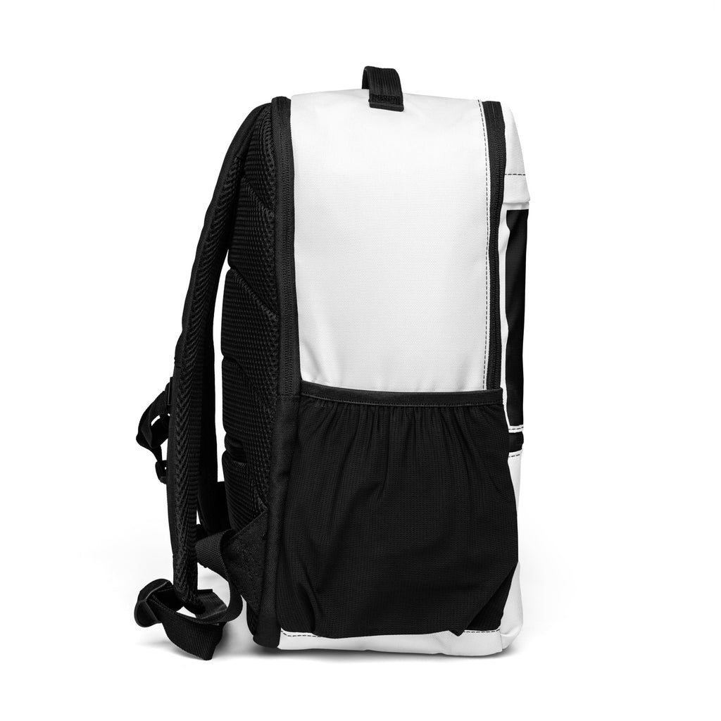 Ronin Crest Utility Backpack: white backpack with $RONIN script, RONIN crest panel and QR code