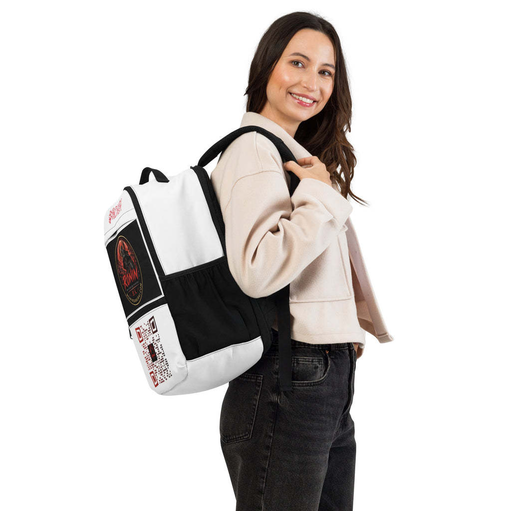 Ronin Crest Utility Backpack: white backpack with $RONIN script, RONIN crest panel and QR code