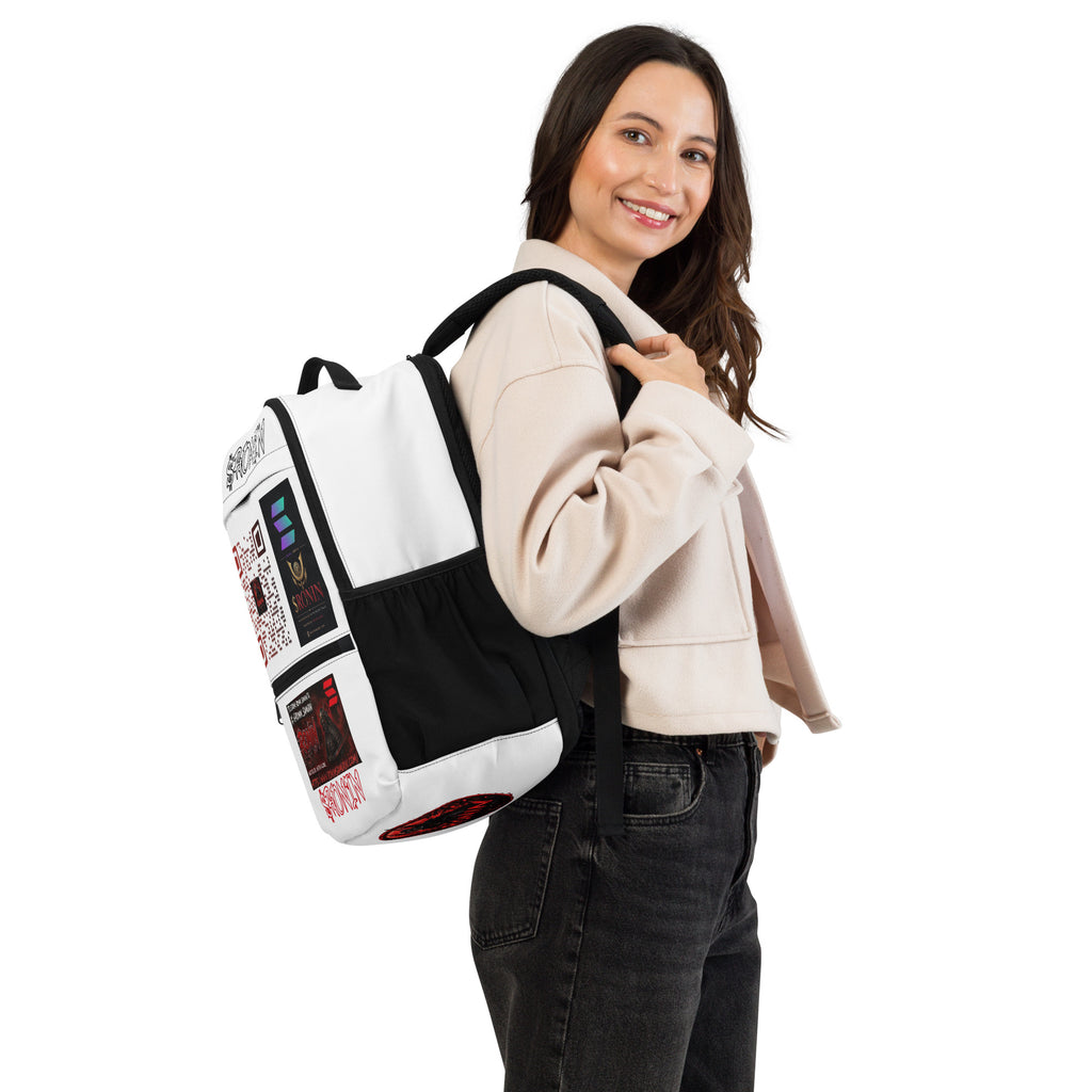 Ronin Clan Utility Backpack: white backpack with $RONIN script, QR code, Solana crest panel and RONIN banner panel