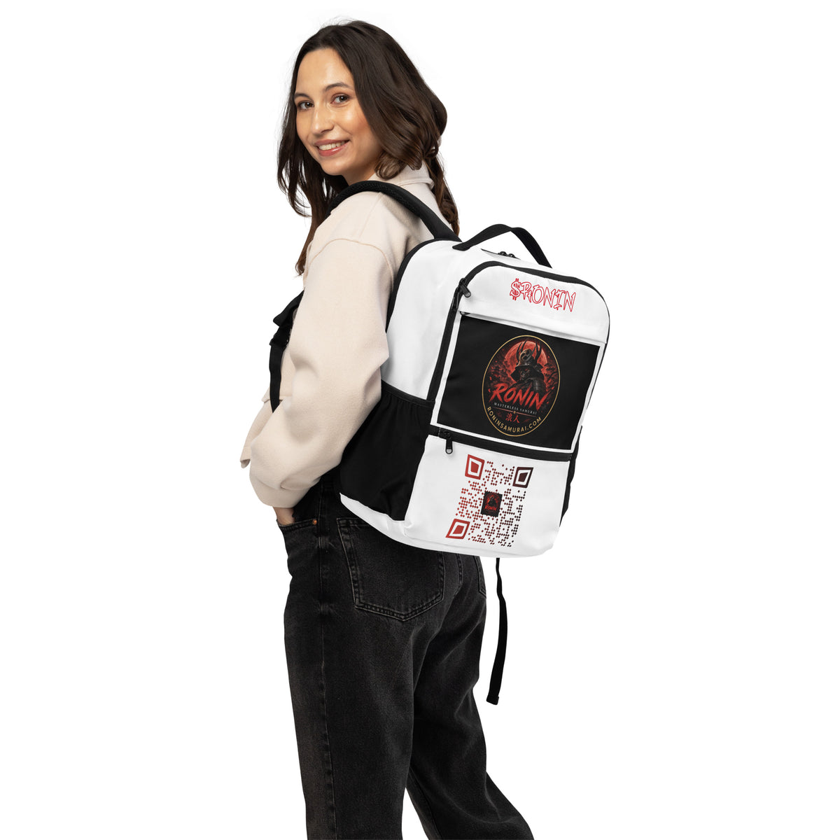 Ronin Crest Utility Backpack: white backpack with $RONIN script, RONIN crest panel and QR code
