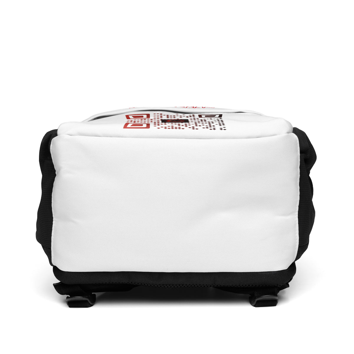 Ronin Crest Utility Backpack: white backpack with $RONIN script, RONIN crest panel and QR code