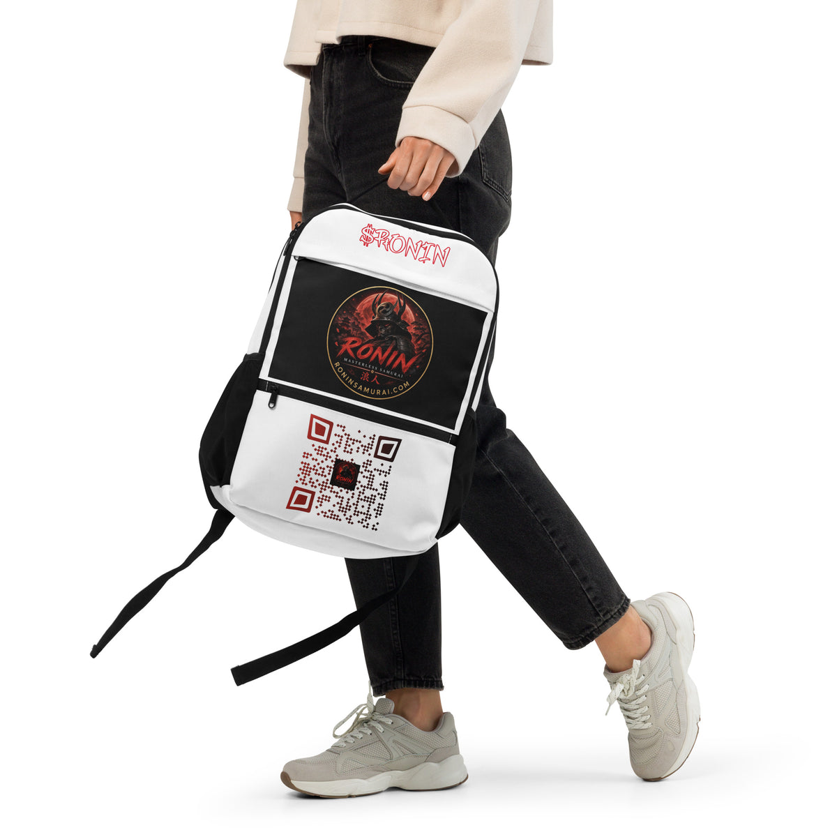 Ronin Crest Utility Backpack: white backpack with $RONIN script, RONIN crest panel and QR code