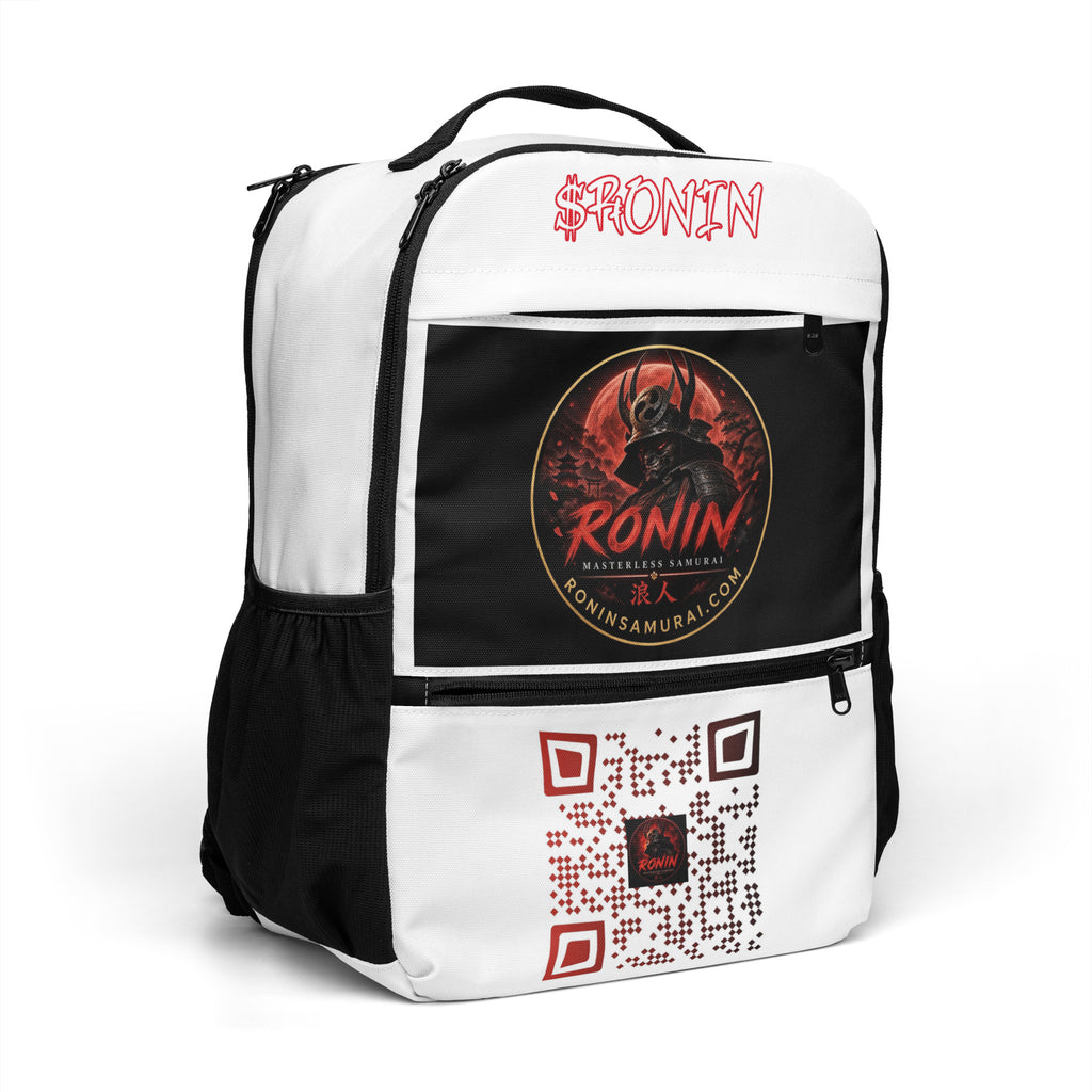 Ronin Crest Utility Backpack: white backpack with $RONIN script, RONIN crest panel and QR code