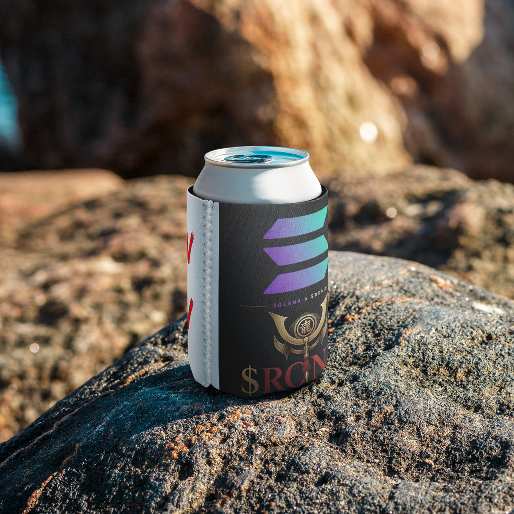 Solana Crest Ronin Can Cooler: Solana logo over a gold kabuto crest and gold $RONIN