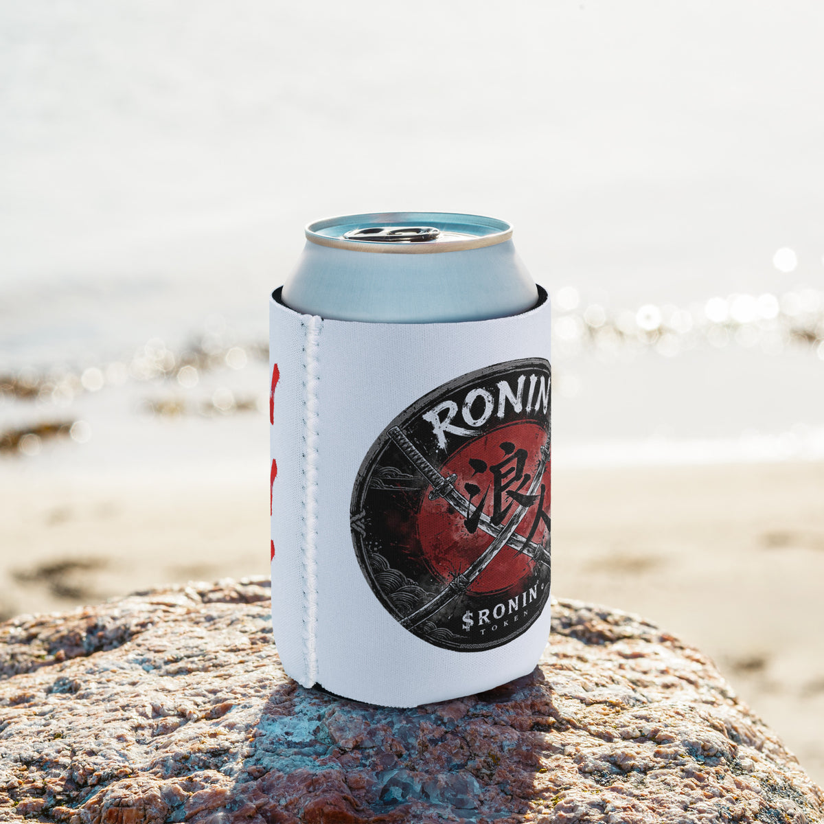 Crossed Katana Ronin Can Cooler: round badge with crossed katanas over 浪 on a red sun, RONIN and $RONIN
