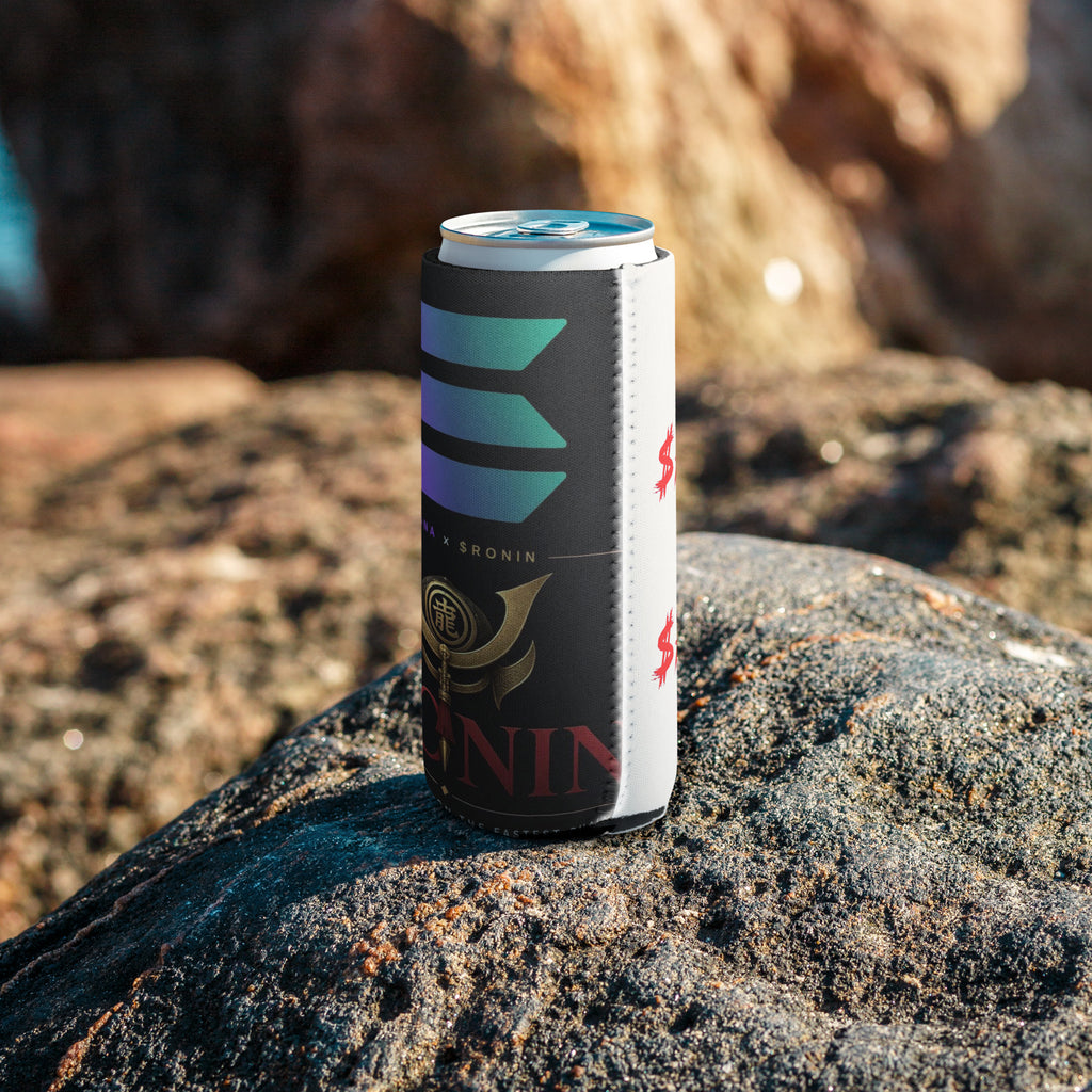 Solana Crest Ronin Can Cooler: Solana logo over a gold kabuto crest and gold $RONIN