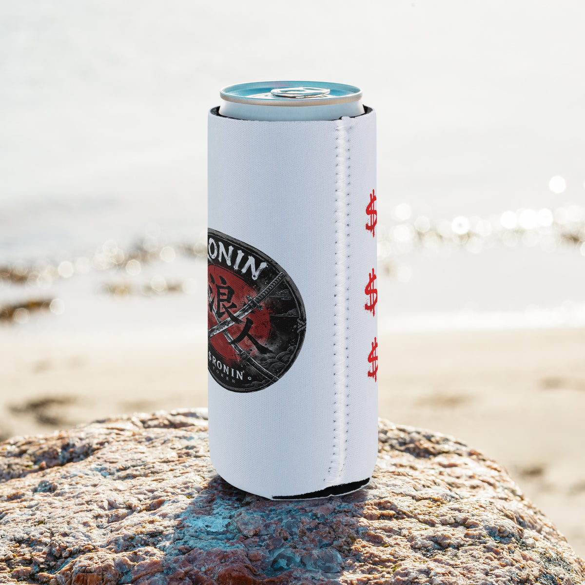 Crossed Katana Ronin Can Cooler: round badge with crossed katanas over 浪 on a red sun, RONIN and $RONIN