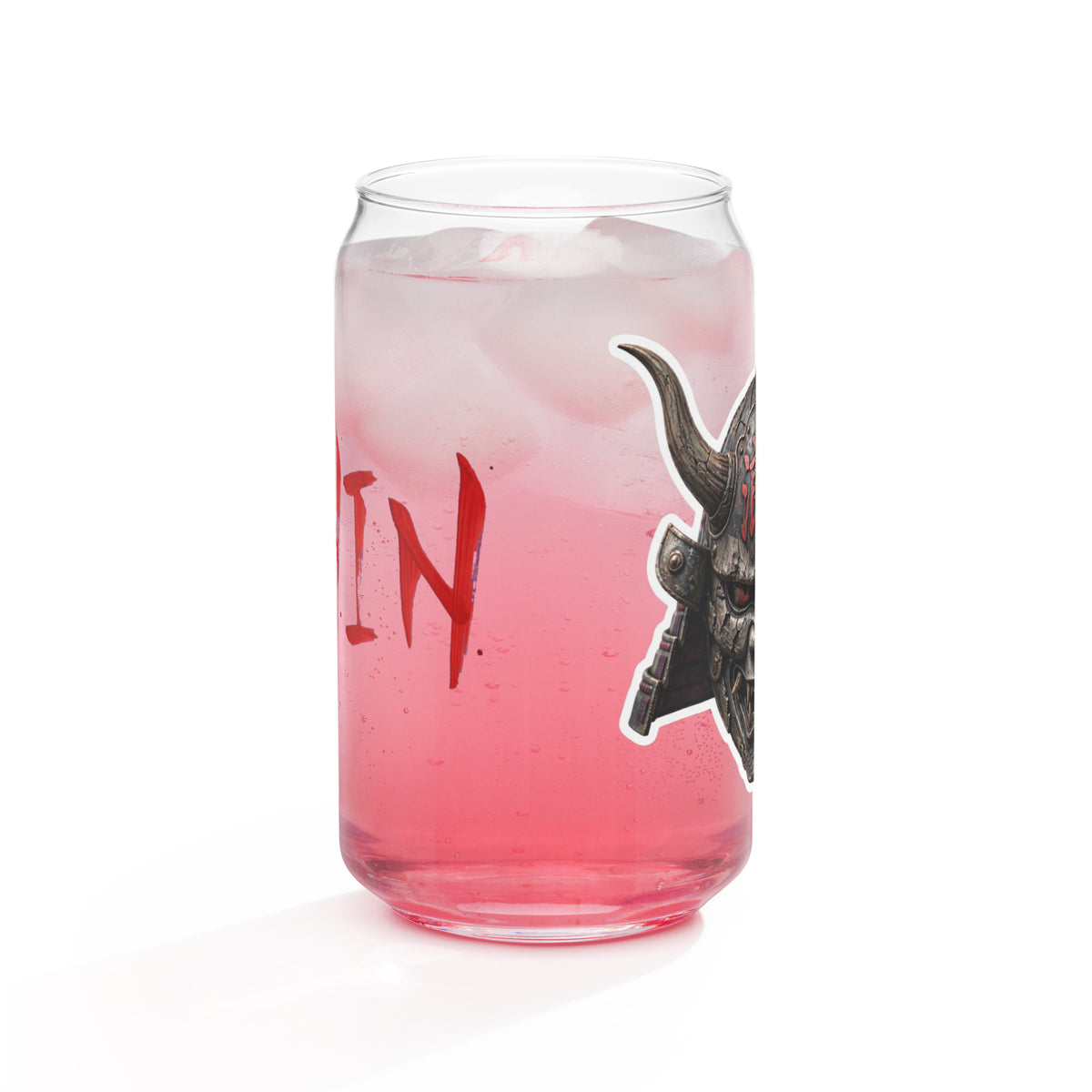 $RONIN Can-Shaped Glass: can-shaped glass with red brush-script $RONIN and a horned samurai mask