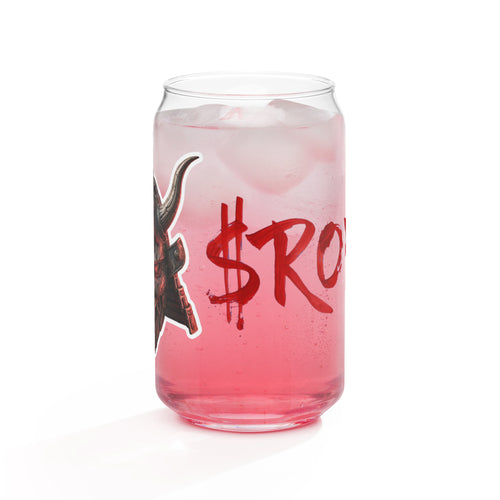 $RONIN Can-Shaped Glass: can-shaped glass with red brush-script $RONIN and a horned samurai mask