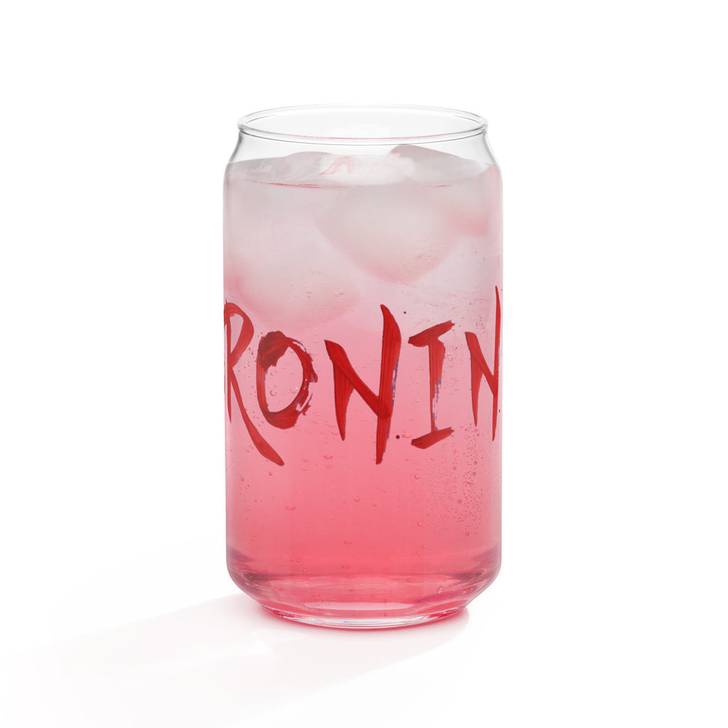 $RONIN Can-Shaped Glass: can-shaped glass with red brush-script $RONIN and a horned samurai mask