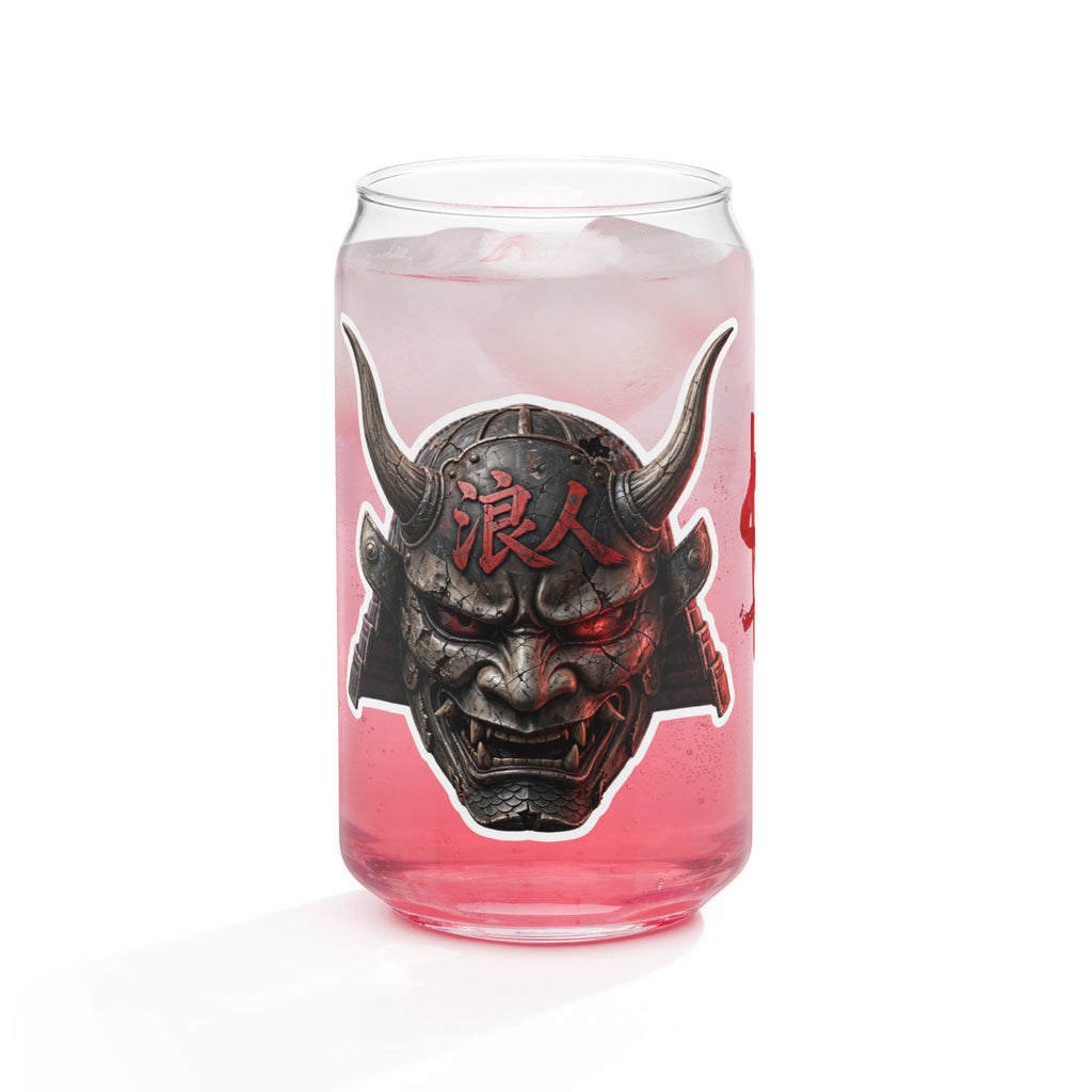 $RONIN Can-Shaped Glass: can-shaped glass with red brush-script $RONIN and a horned samurai mask