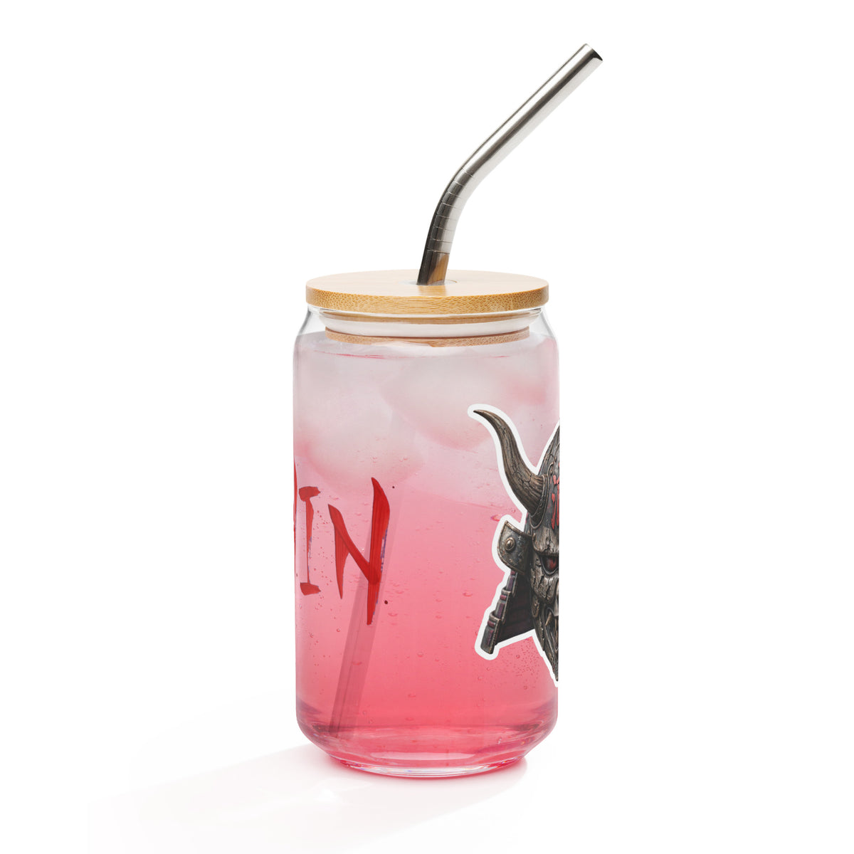 $RONIN Can-Shaped Glass: can-shaped glass with red brush-script $RONIN and a horned samurai mask