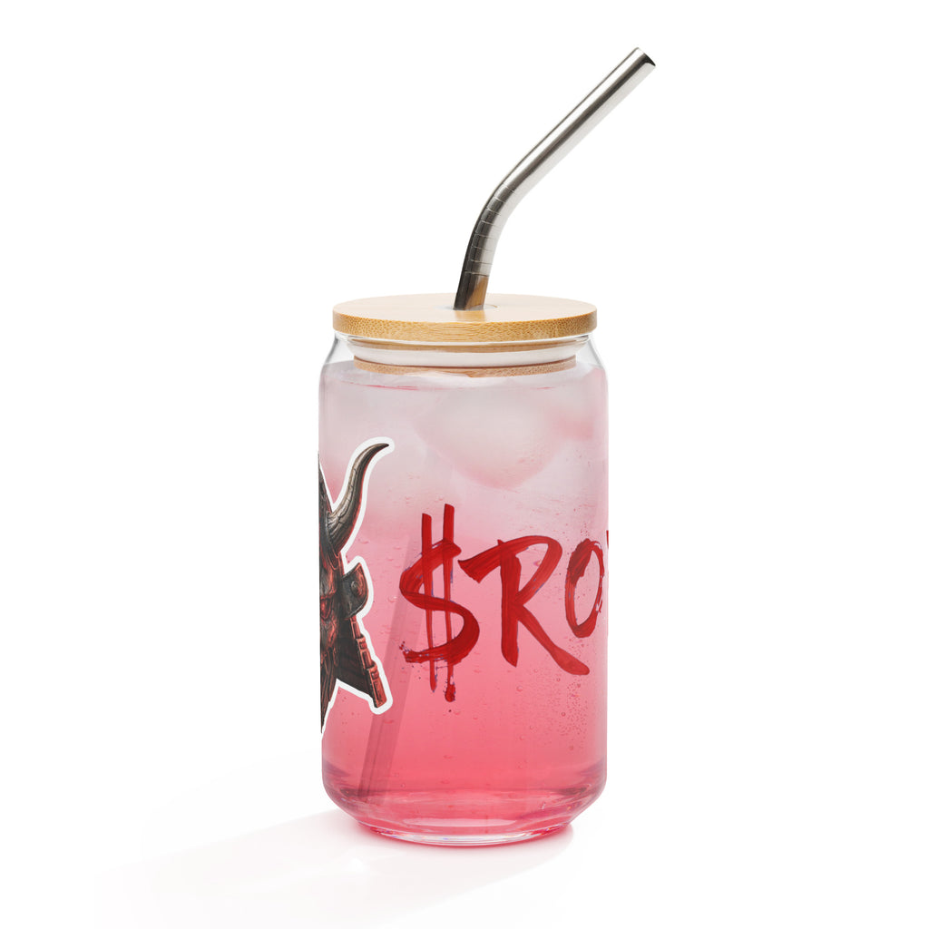 $RONIN Can-Shaped Glass: can-shaped glass with red brush-script $RONIN and a horned samurai mask