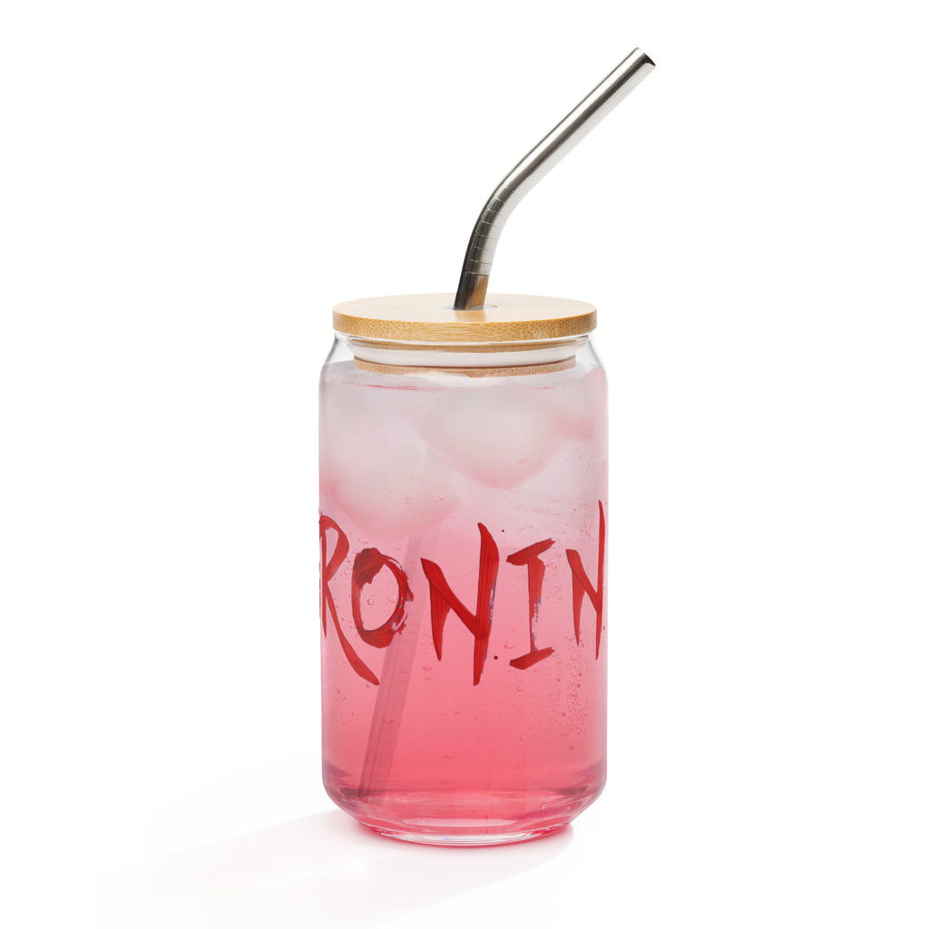 $RONIN Can-Shaped Glass: can-shaped glass with red brush-script $RONIN and a horned samurai mask