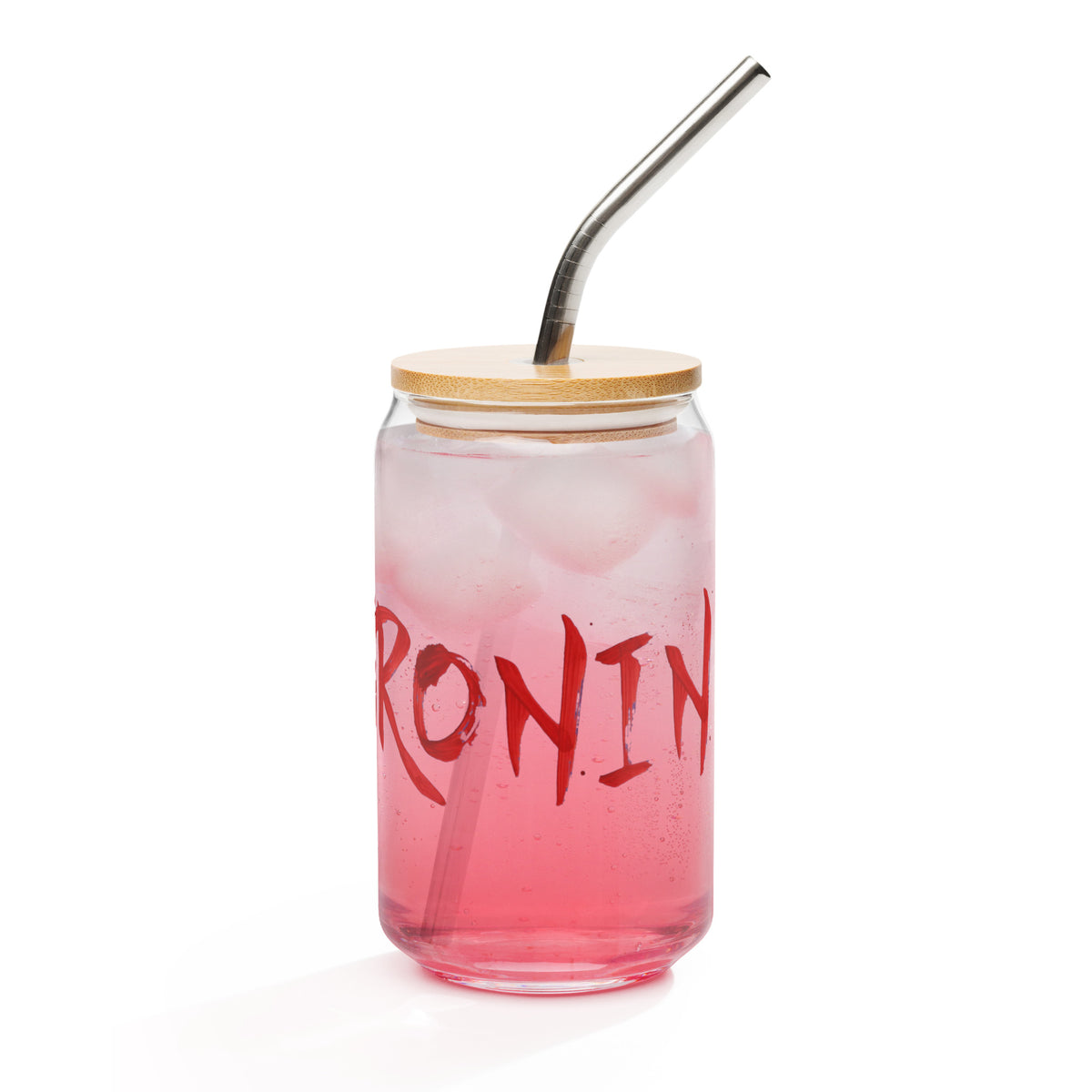 $RONIN Can-Shaped Glass: can-shaped glass with red brush-script $RONIN and a horned samurai mask