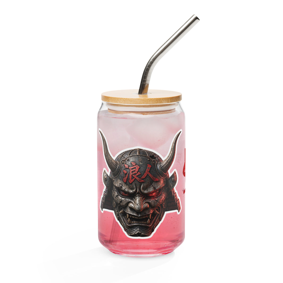 $RONIN Can-Shaped Glass: can-shaped glass with red brush-script $RONIN and a horned samurai mask