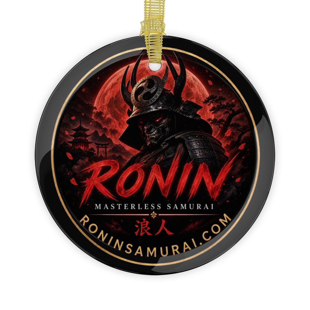 Ronin Crest Glass Ornament: round glass ornament with the RONIN blood-moon samurai crest