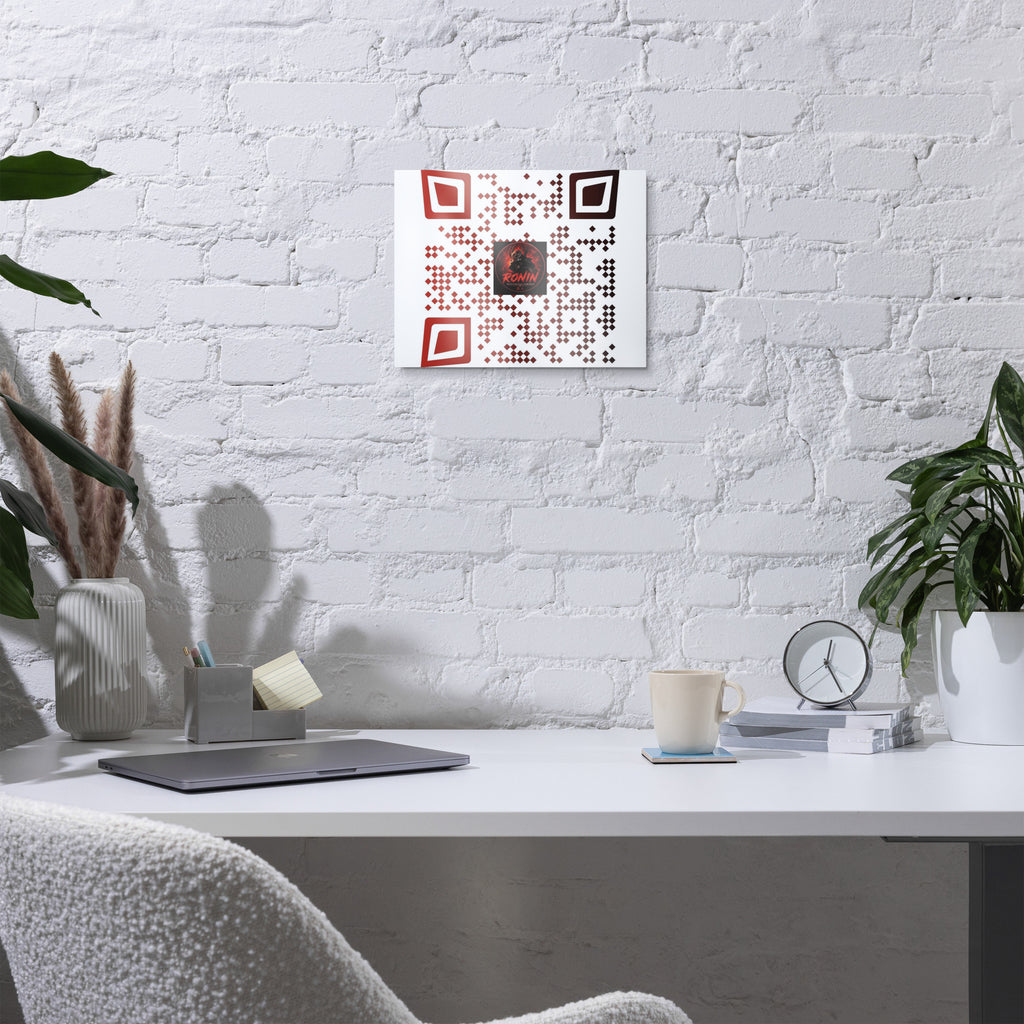 Ronin QR Code Metal Print: red and white RONIN QR code metal print on a wall