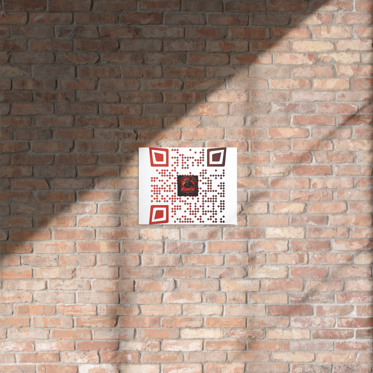 Ronin QR Code Metal Print: red and white RONIN QR code metal print on a wall