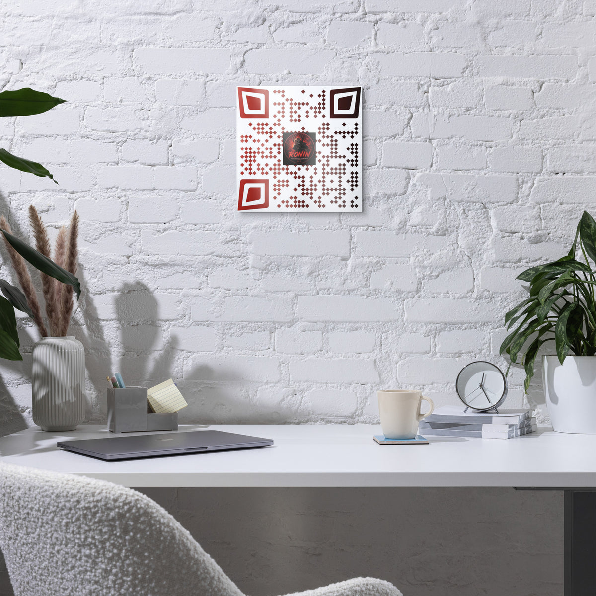 Ronin QR Code Metal Print: red and white RONIN QR code metal print on a wall