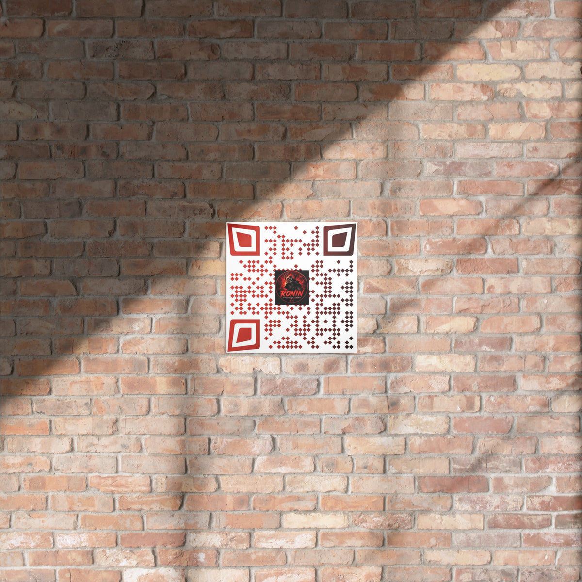 Ronin QR Code Metal Print: red and white RONIN QR code metal print on a wall