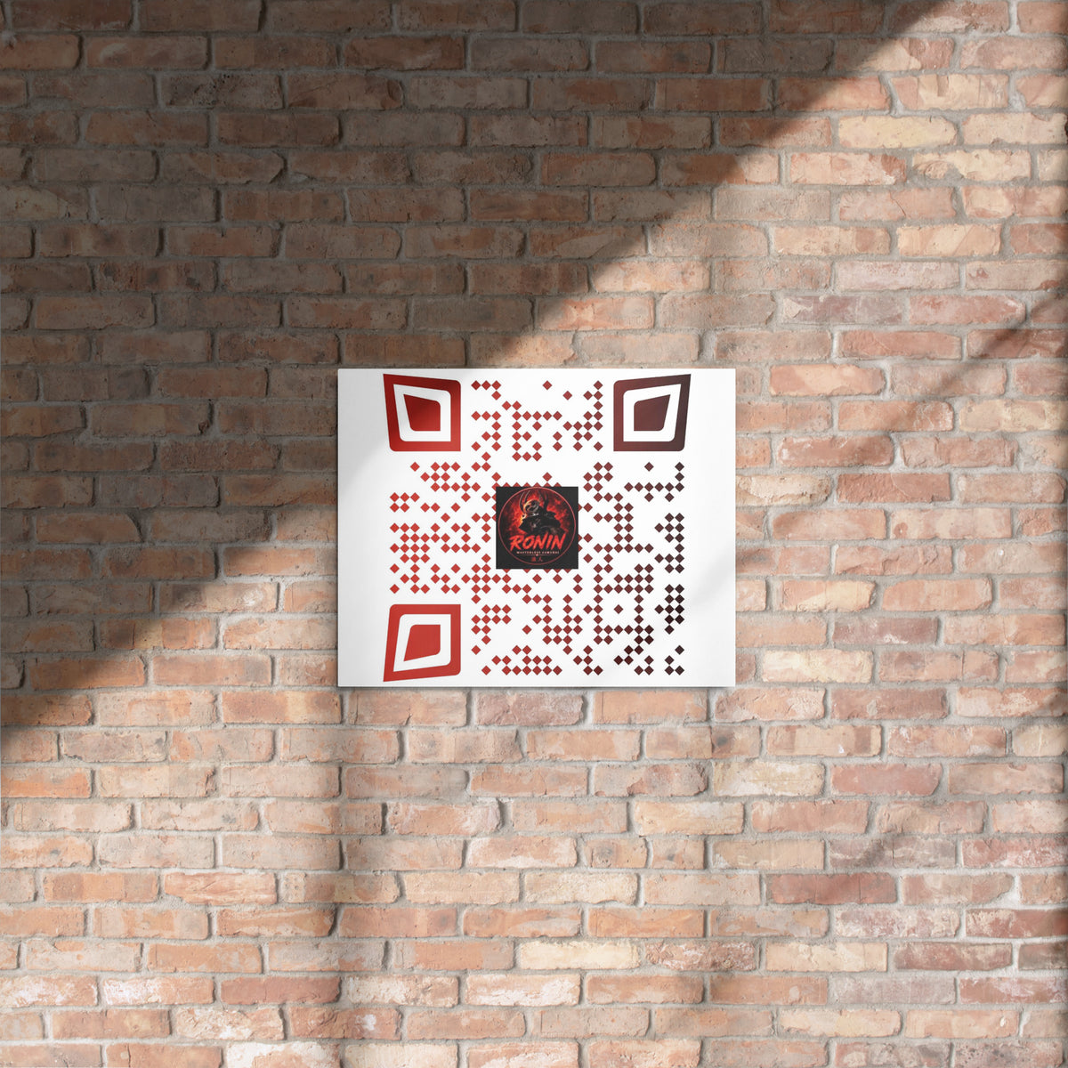 Ronin QR Code Metal Print: red and white RONIN QR code metal print on a wall