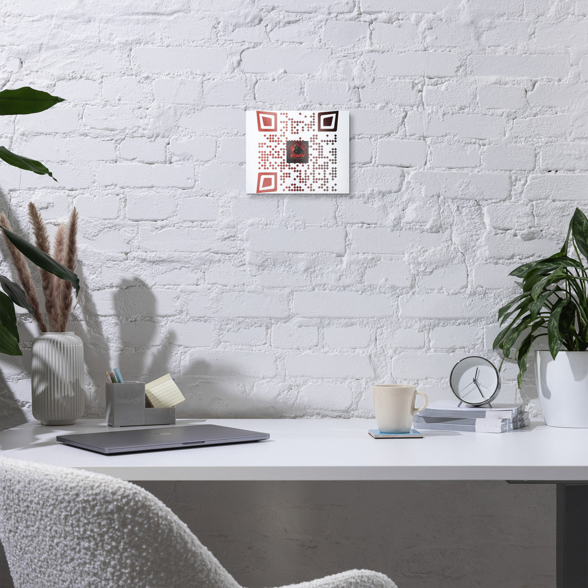 Ronin QR Code Metal Print: red and white RONIN QR code metal print on a wall