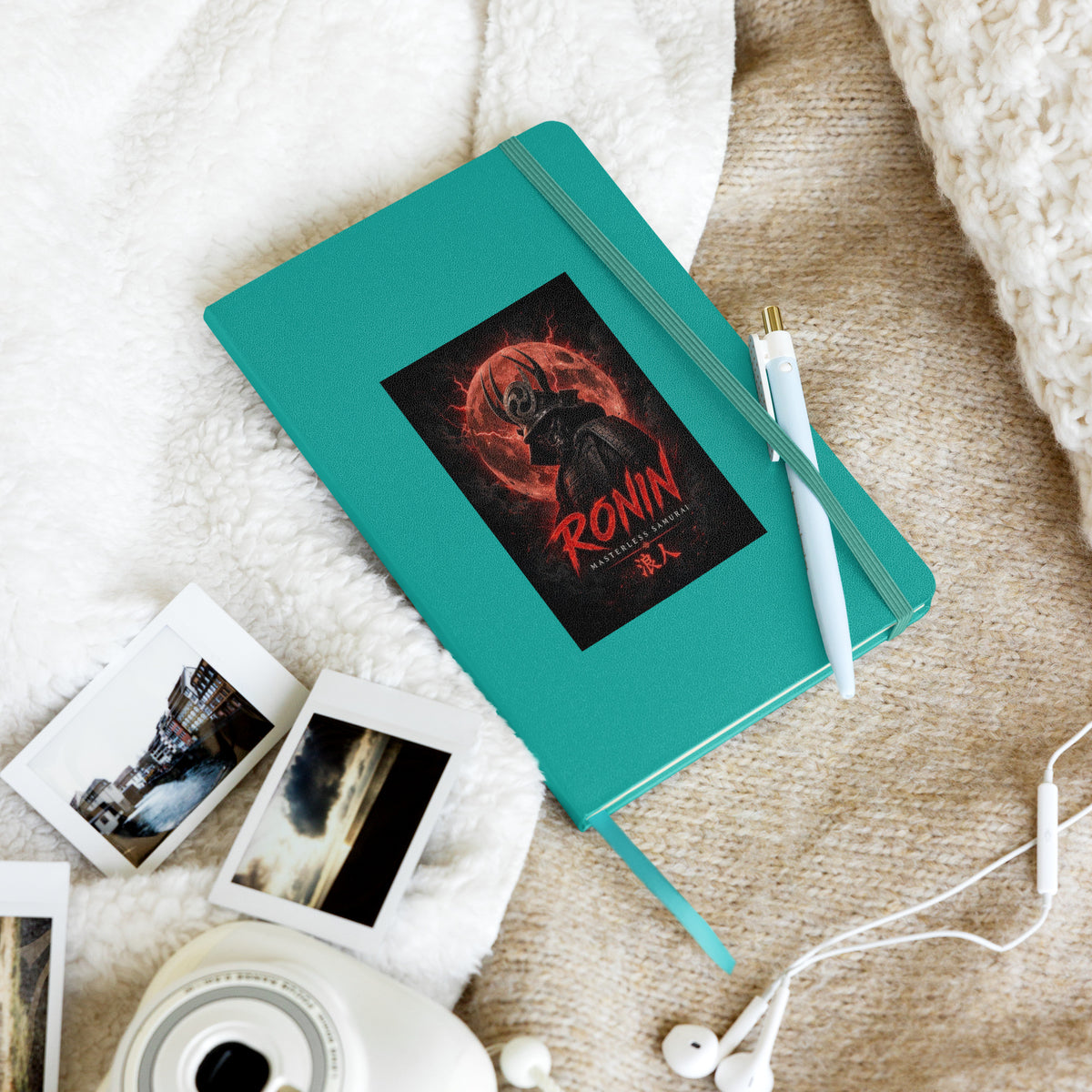 Blood Moon Ronin Hardcover Notebook: hardcover notebook with a horned samurai before a blood-red moon, red RONIN